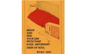 A drawing of a bed with red pillows and a 70s era radio next to the bed with text suggesting one start and their day with the dash of soul that is KYAC radio